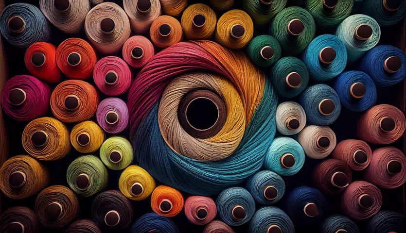Rows of colourful embroidery thread spools arranged in a swirl